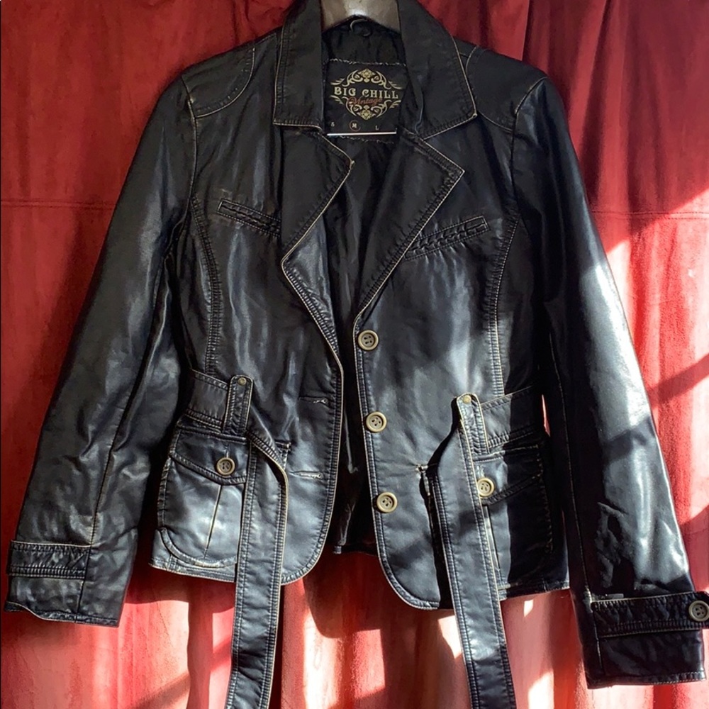 Vintage Black Faux Leather Tie Waist Bomber Jacket
